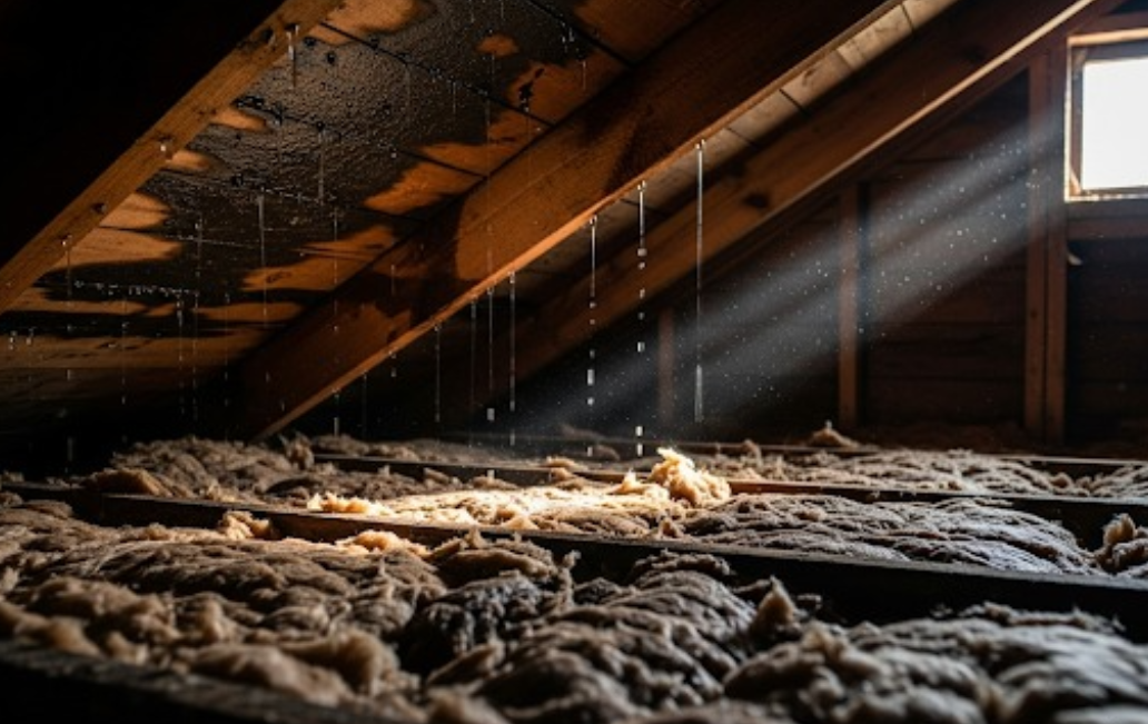 attic with wet insulation and water drips