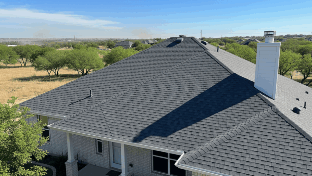 new dark gray shingles installed across an entire roof