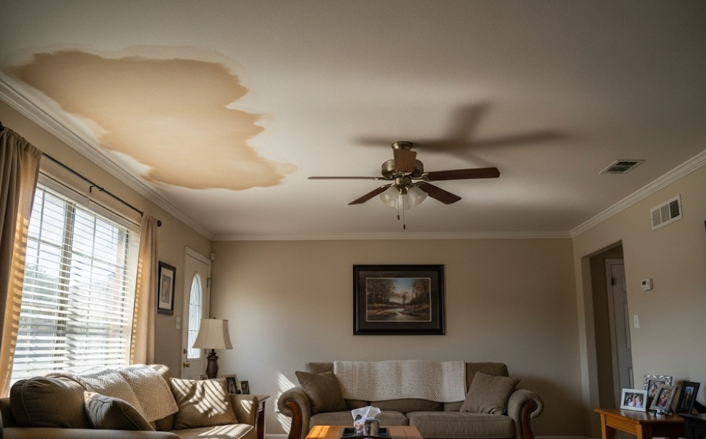 home with water stains on the ceiling