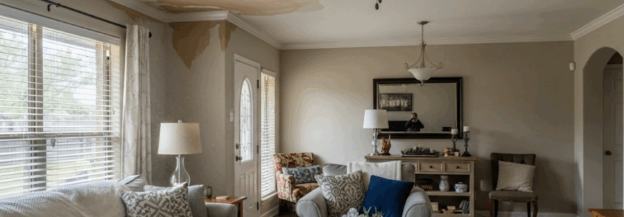 A suburban Texas home with visible water stains on the ceiling, suggesting need for roof leak repair