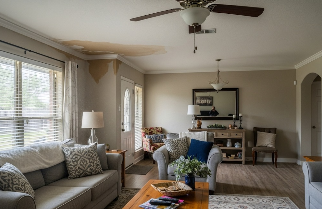 A suburban Texas home with visible water stains on the ceiling, suggesting need for roof leak repair