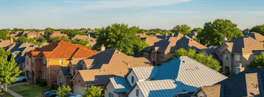 A residential neighborhood with varied roofing styles under clear skies, representing the best roofing contractors near me