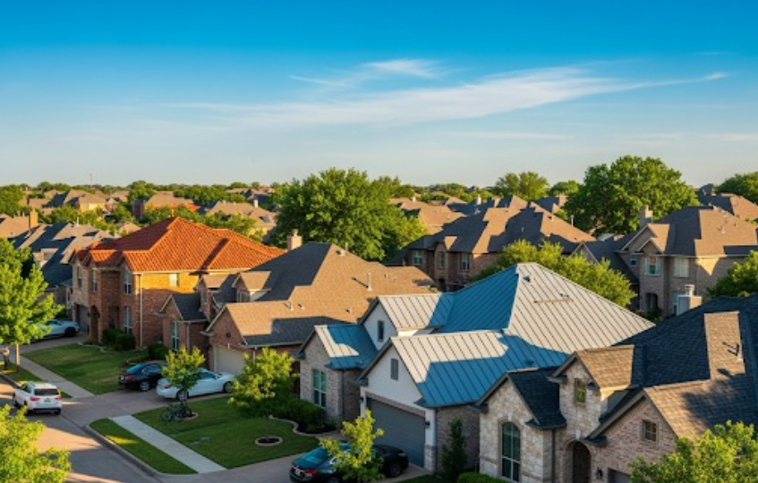 A residential neighborhood with varied roofing styles under clear skies, representing the best roofing contractors near me