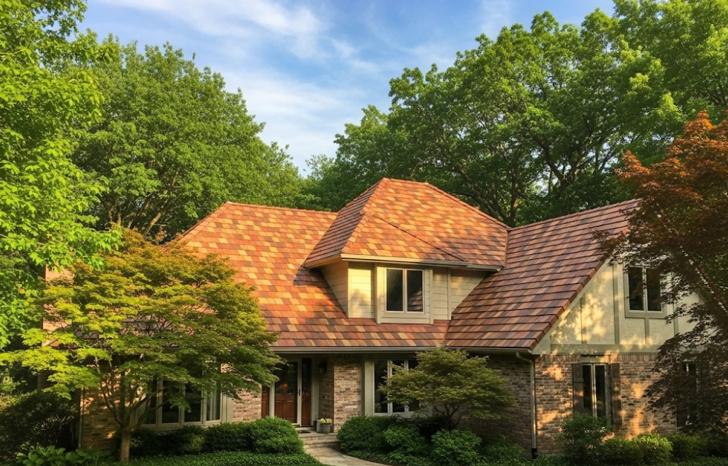 residential home exterior surrounded by trees, featuring a tile roof replacement
