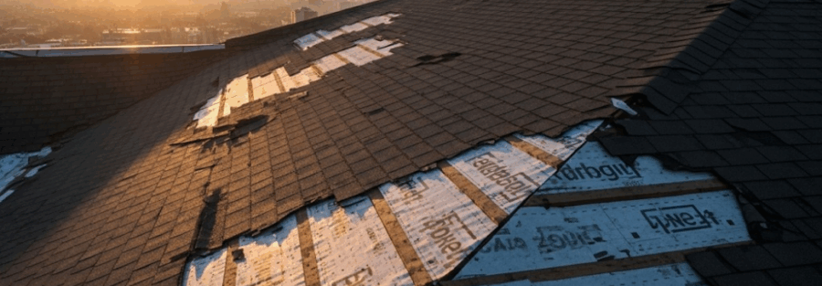 Rooftop view showing missing shingles with visible underlayment beneath, prompting the need for shingle repair