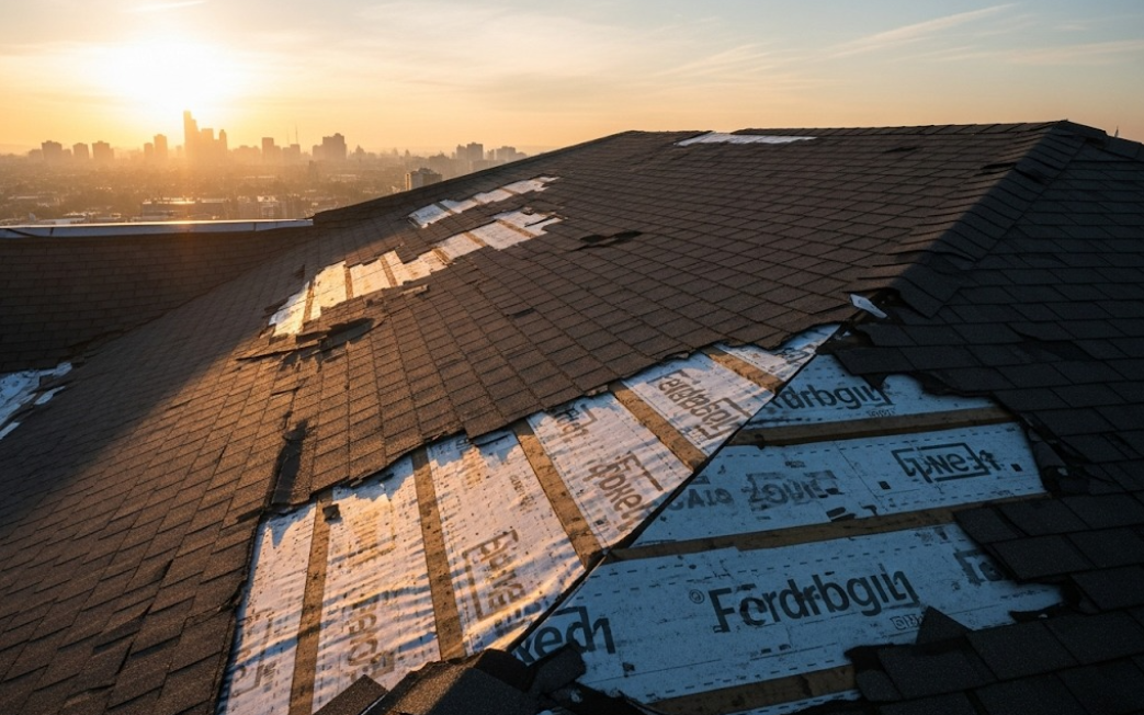 Rooftop view showing missing shingles with visible underlayment beneath, prompting the need for shingle repair