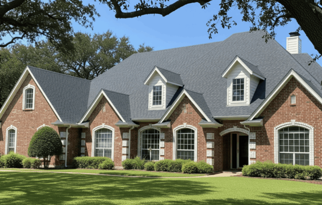 completed residential roof replacement on a large Texas brick home