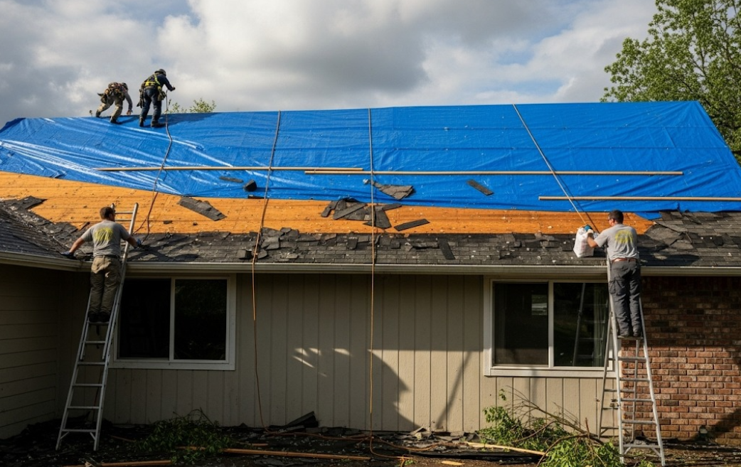 Roof tarping and emergency covering on a home after hailstorm damage