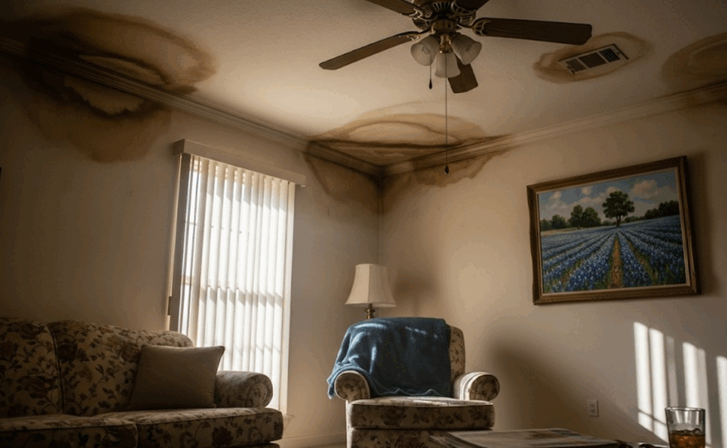 living room with visible water stains on the ceiling