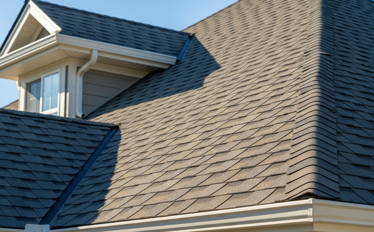 close-up image of a suburban home with an asphalt shingle roof by a trusted roofer near me