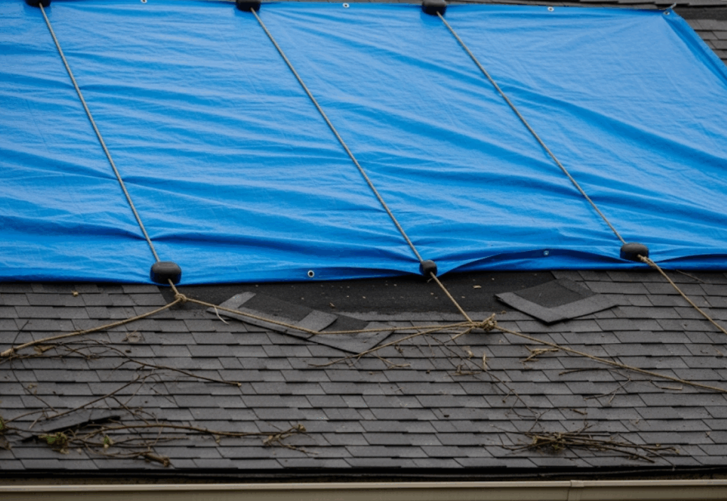 protective roof tarp secured over a damaged section of shingles after a storm