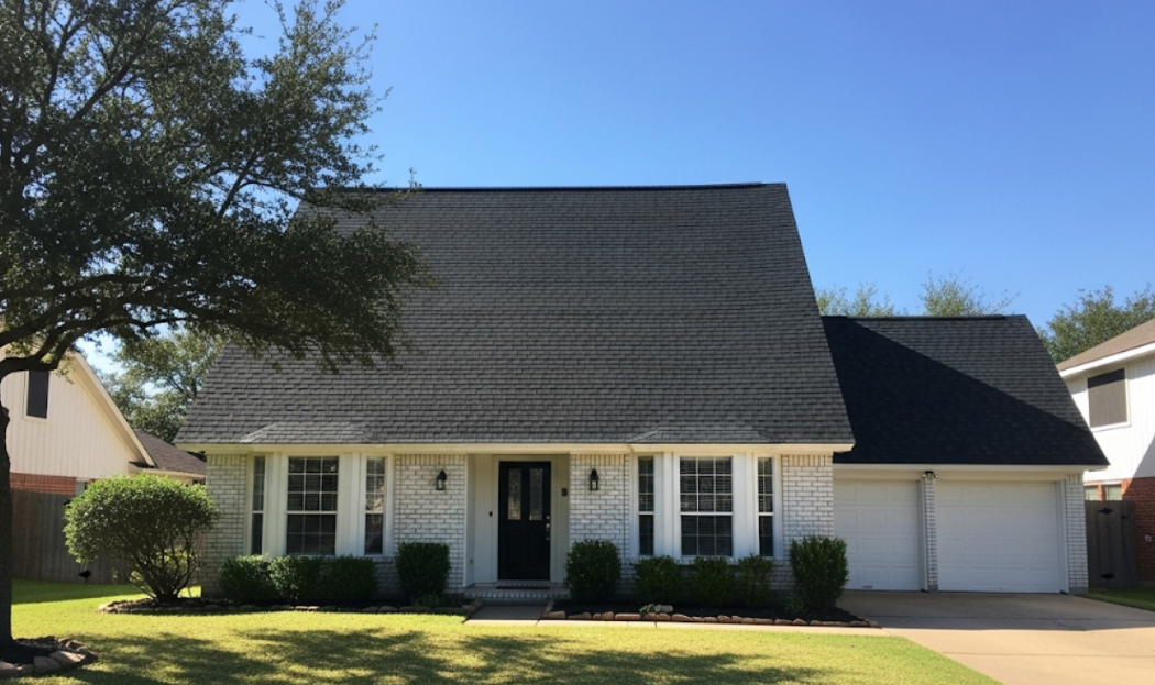 house with a brand-new asphalt shingle roof after a full roof system replacement