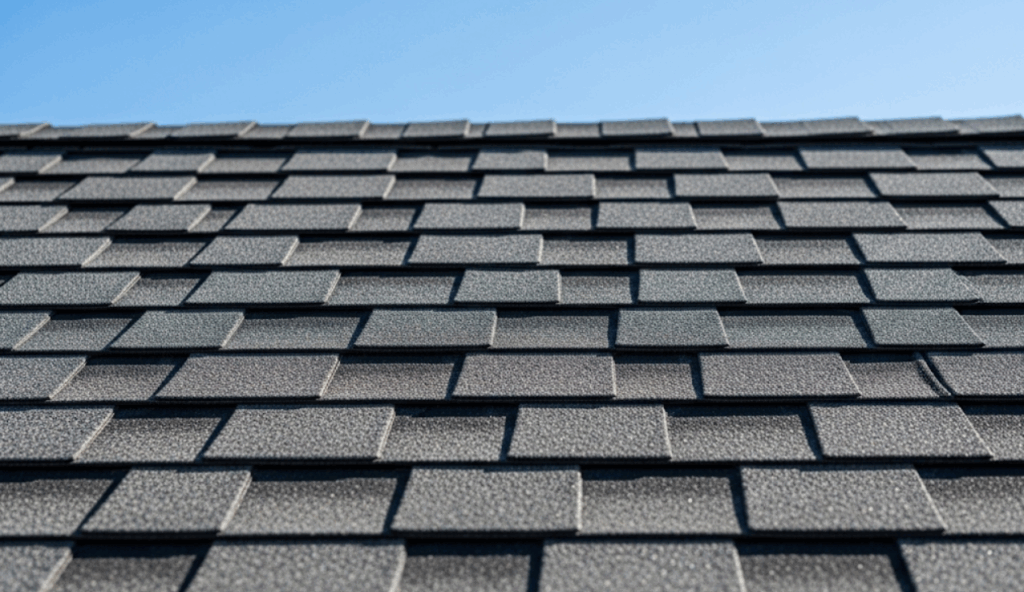 brand-new asphalt shingle roof under clear blue skies