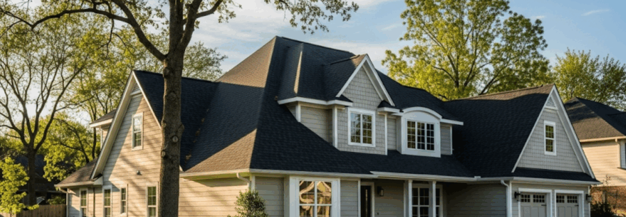 asphalt shingle roof on a suburban home under sunny skies following residential roof repair