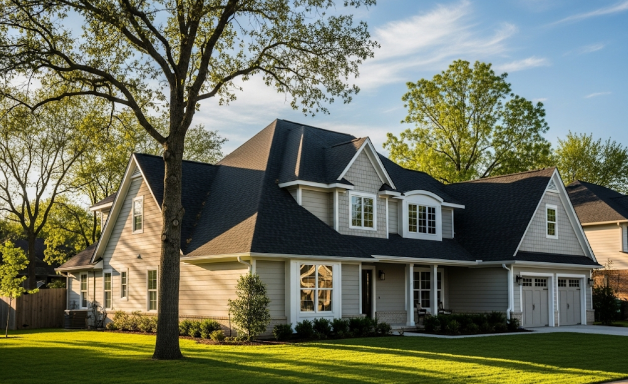 asphalt shingle roof on a suburban home under sunny skies following residential roof repair