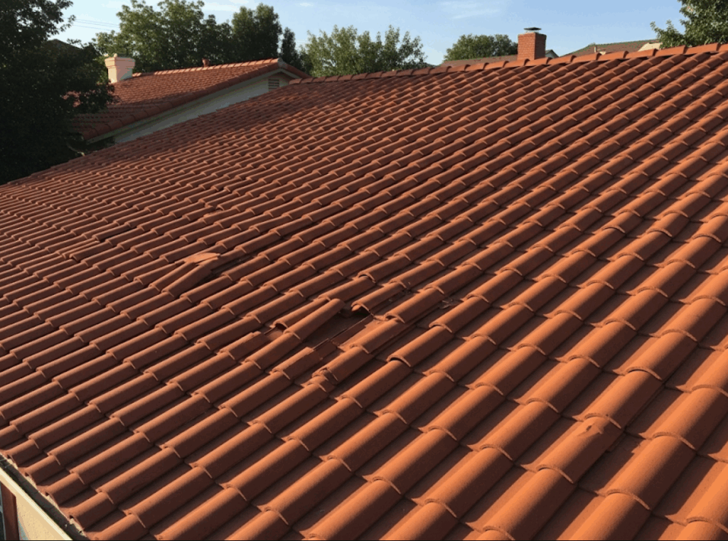 residential clay tile roof with a few slipped tiles visible among intact rows.