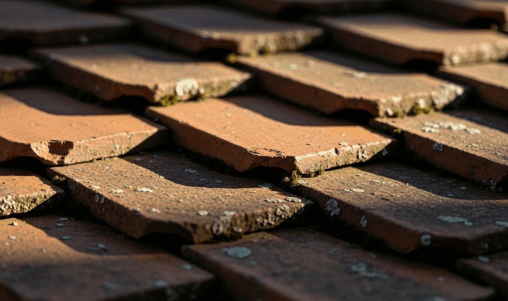 close-up view of ceramic roof tiles with visible cracks and chips needing repair