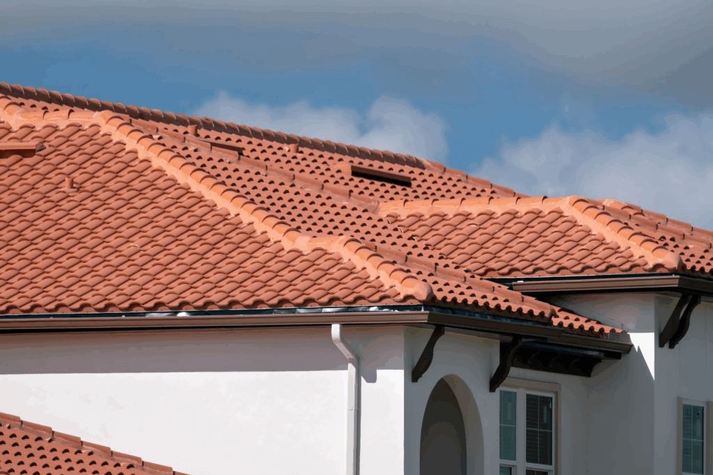 Overlapping rows of ceramic roofing tiles covering residential building roof