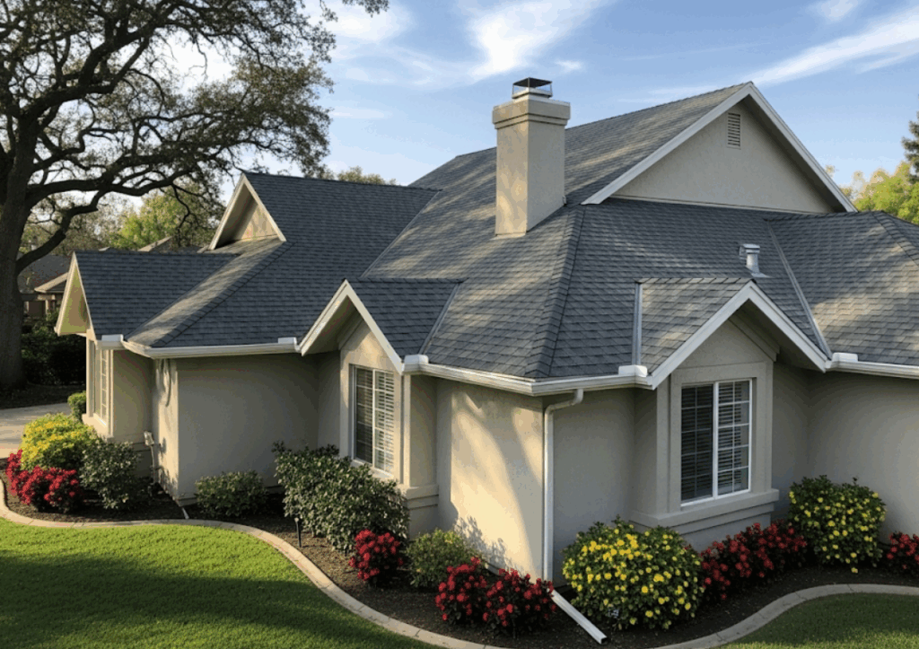 restored residential roof with bright, uniform asphalt shingles