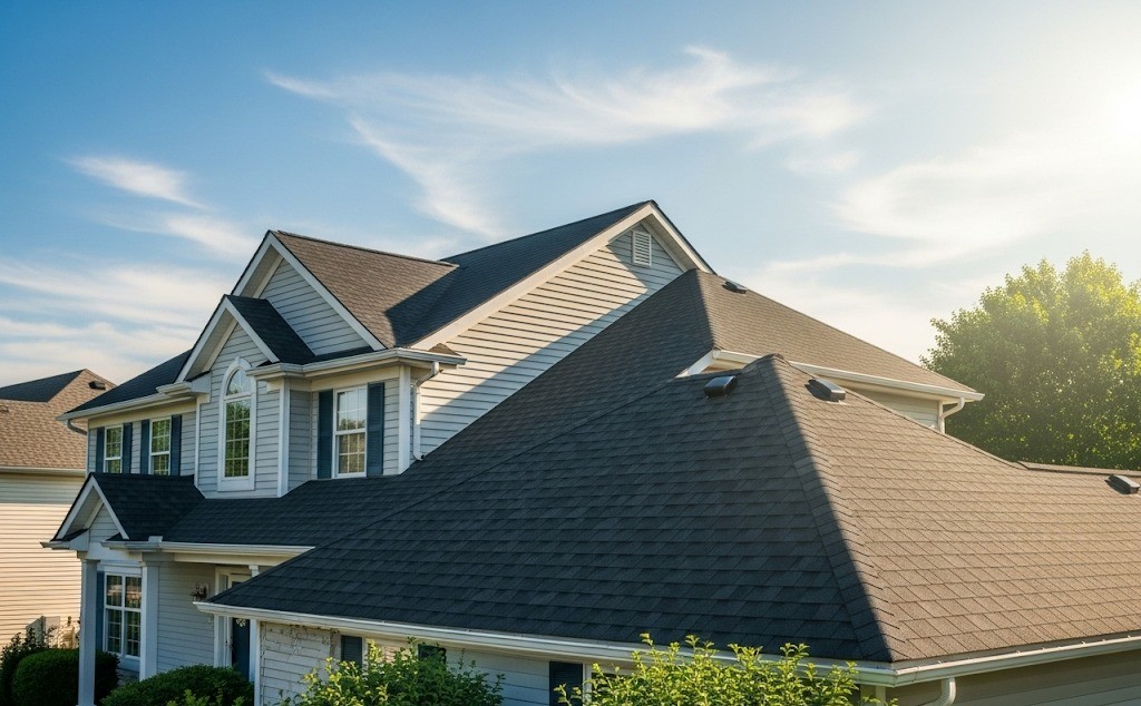 : A suburban home with a new asphalt shingle roof

