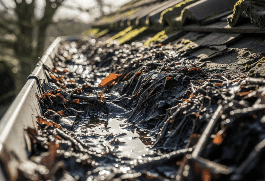  gutter filled with leaves and debris