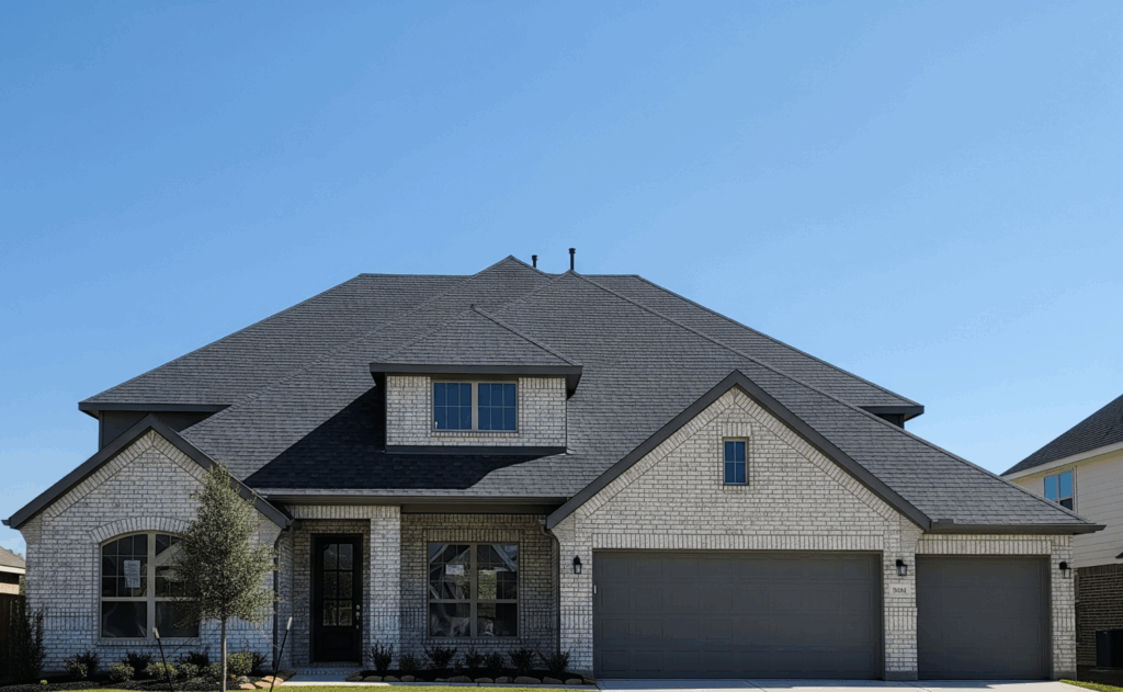  A recently renovated suburban house in Texas, with a pristine roof and architectural shingles
