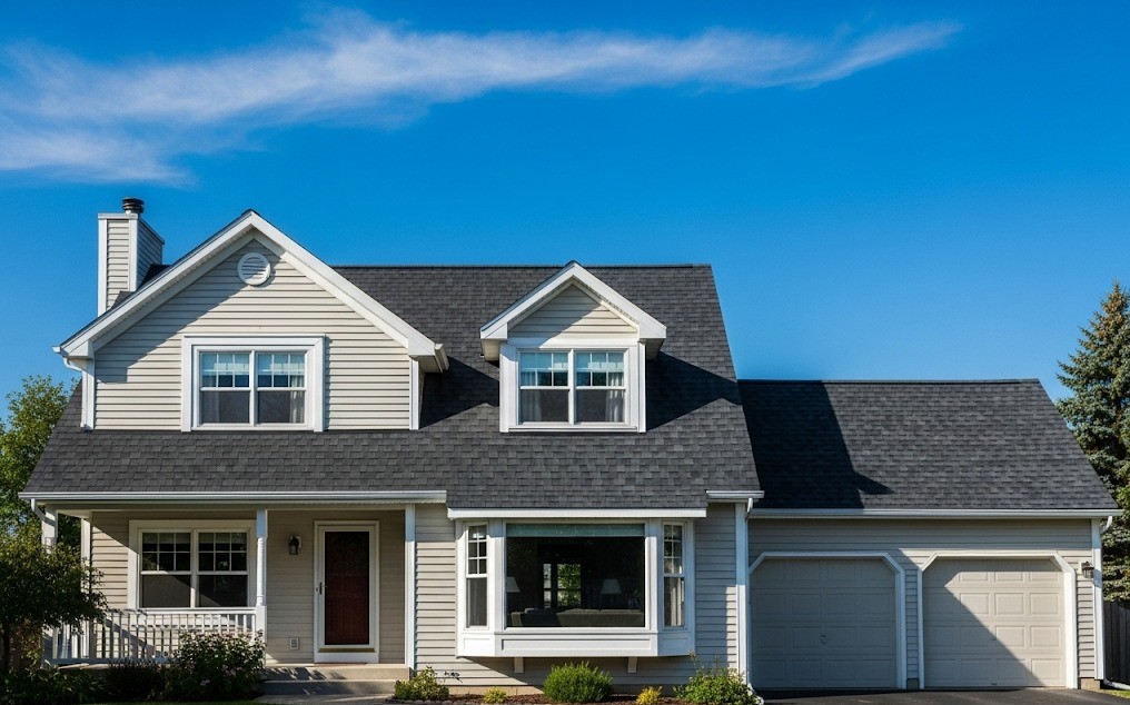 A suburban home with a newly-installed asphalt shingle roof
