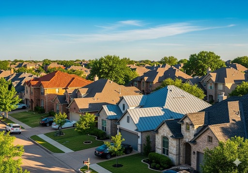  A residential neighborhood with varied roofing styles under clear skies, representing the best roofing contractors near me
