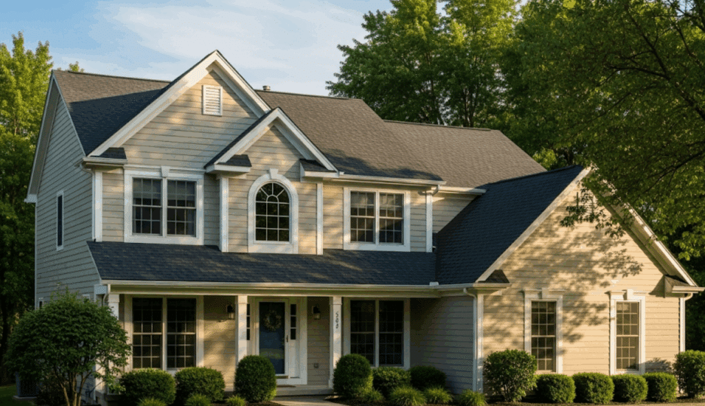 suburban home with asphalt shingle roof