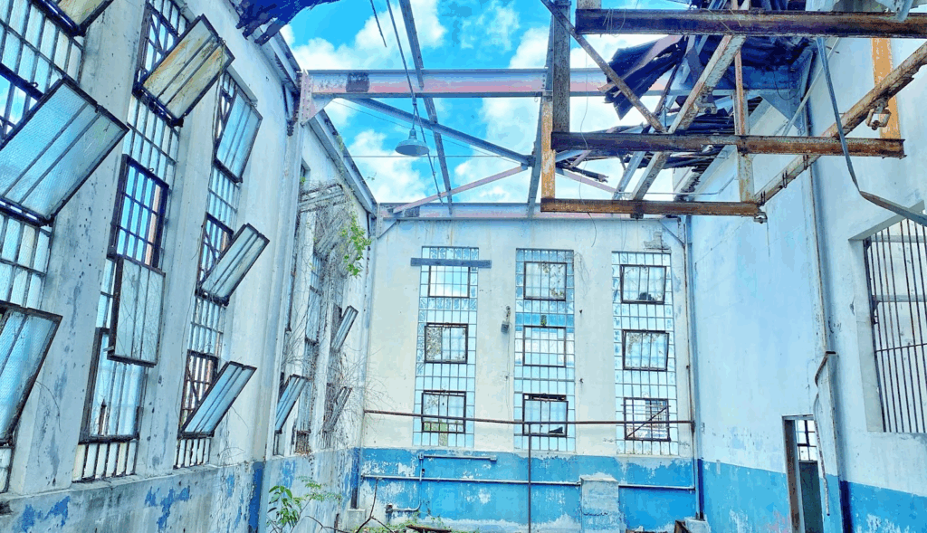 Hurricane damaged roof of building