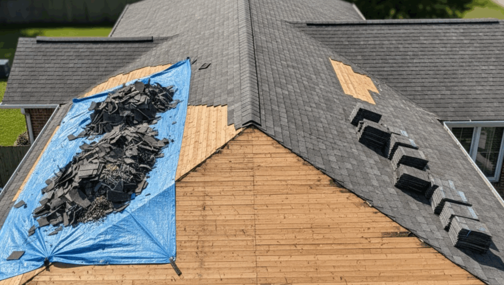 Roof replacement in progress on a DFW Texas home showing old shingles removed, new decking exposed, and materials staged for installation