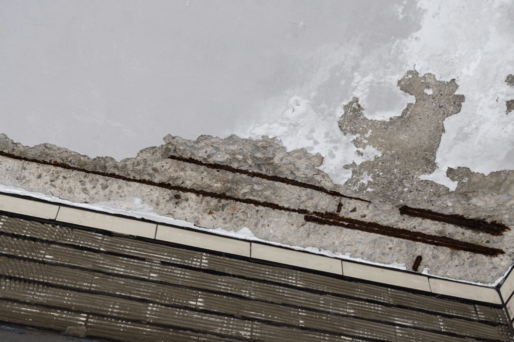 Ceiling concrete crack with exposed and rusty steel bar frame