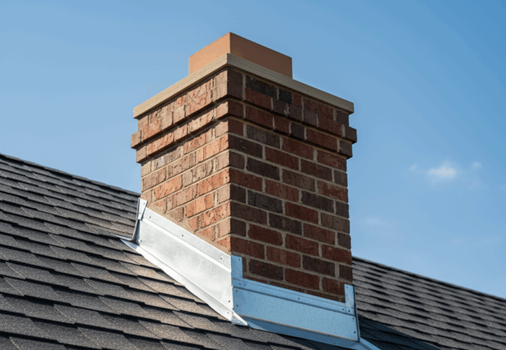 detailed flashing around a chimney on a shingle roof
