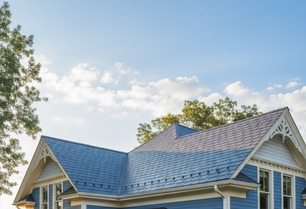 close up of a restored home with fresh roofing and gutters by a roofing contractor DFW TX