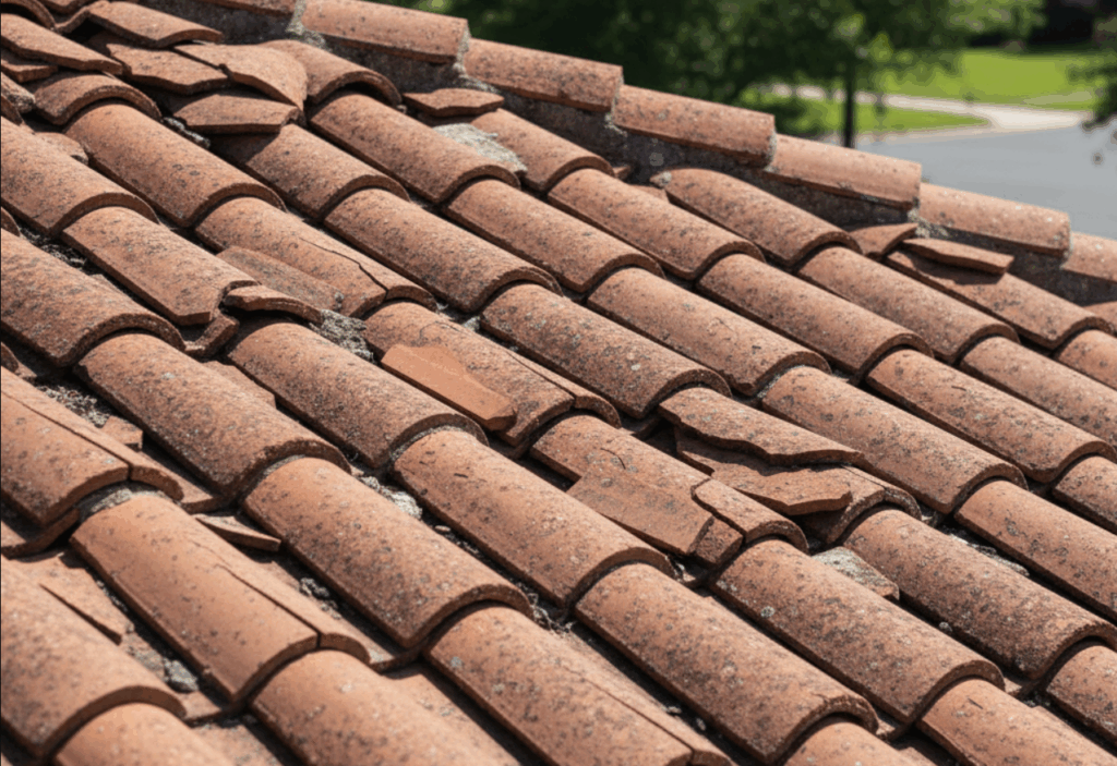 A cracked clay tile roof with visible gaps between tiles