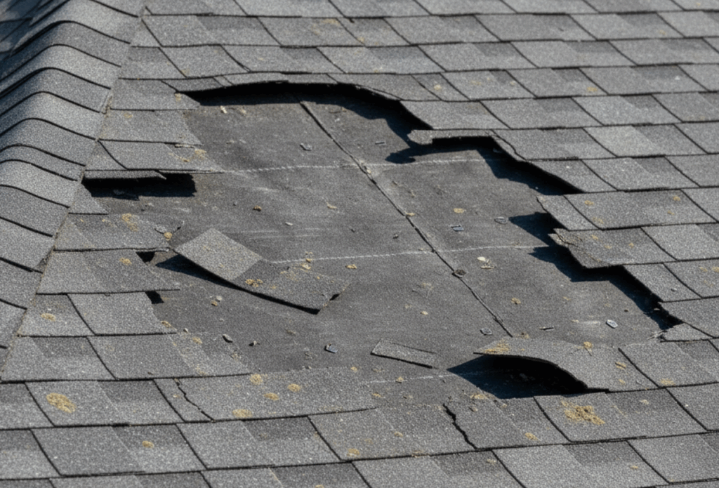 residential roof with several missing shingles exposing the underlayment