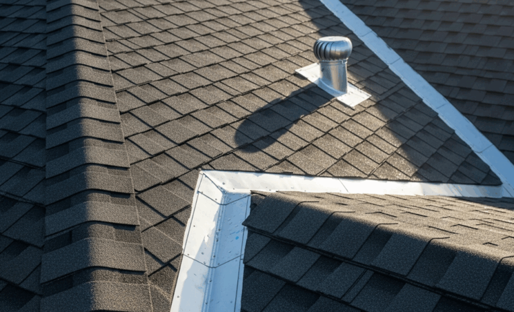 close-up of a rooftop showing new shingles and flashing installed neatly
