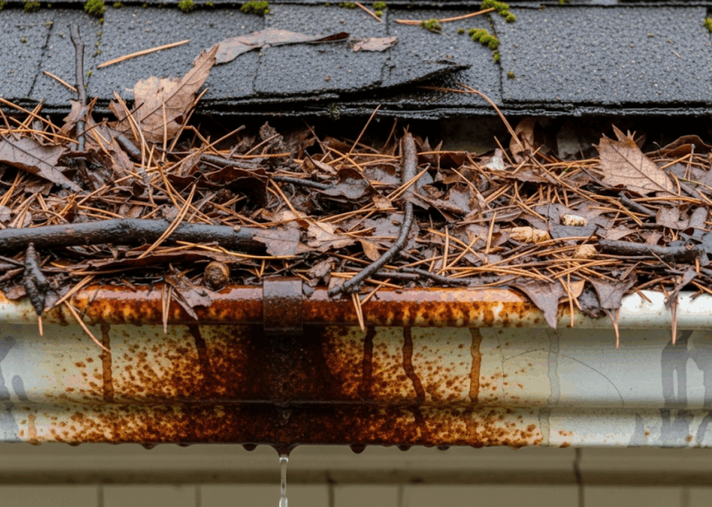 gutter filled with leaves and debris, showing need for roof and gutter maintenance