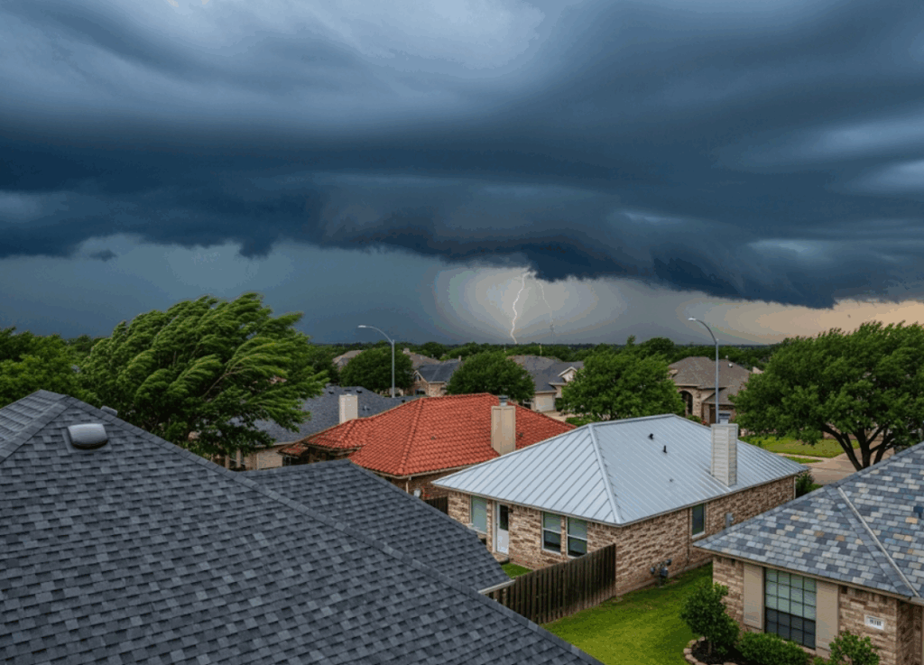 Texas storm clouds rolling in over a neighborhood with homes featuring varied strong, resilient roofs
