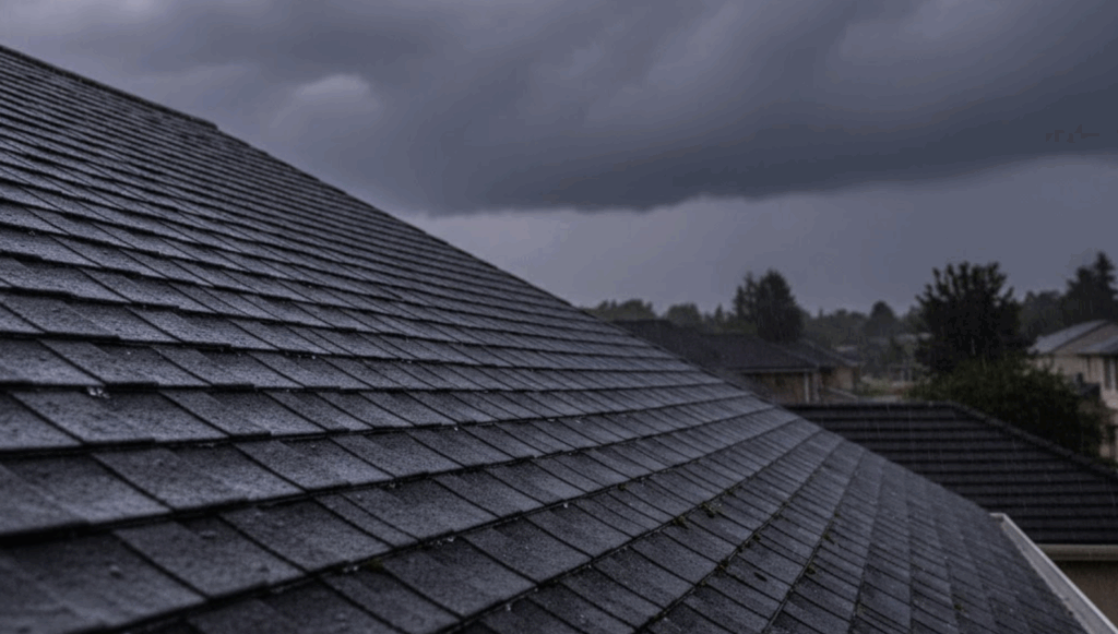 asphalt shingles roof under rainclouds