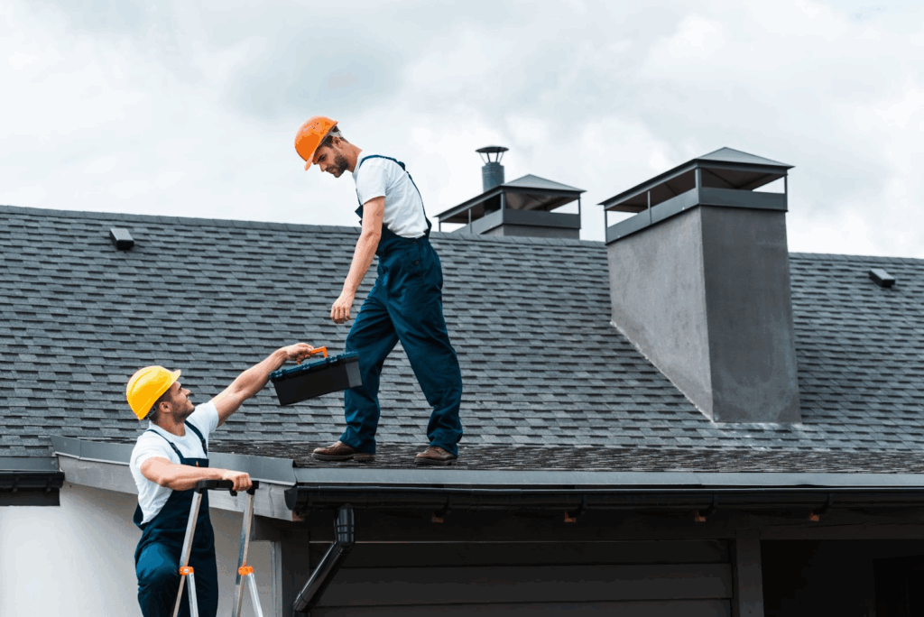roofing contractors wearing safety helmets and uniforms working on a residential roof, with one passing a toolbox to the other during a roof replacement project.