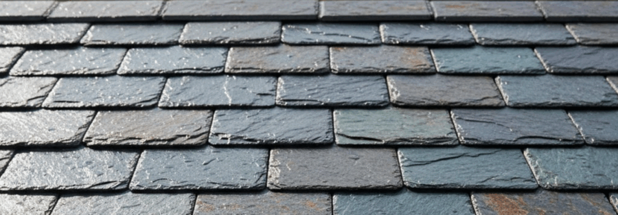Alt text: textured natural slate roof tiles in gray and blue tones, representing the work of a slate roofing company
