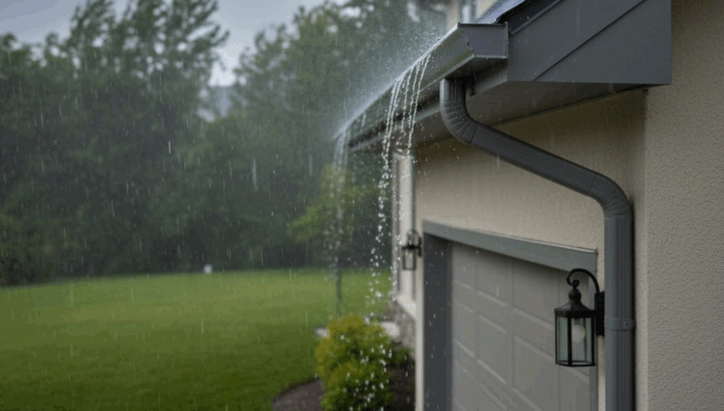 gutters on a suburban home under storm