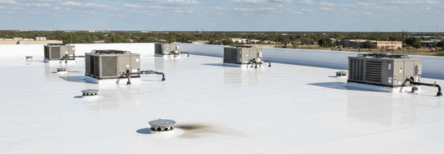 A large commercial flat roof with clean white TPO membrane, drains, and HVAC units, representing the work of flat roofing contractors