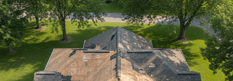 residential roof mid tear-off, giving a glimpse into the tear-off roof process