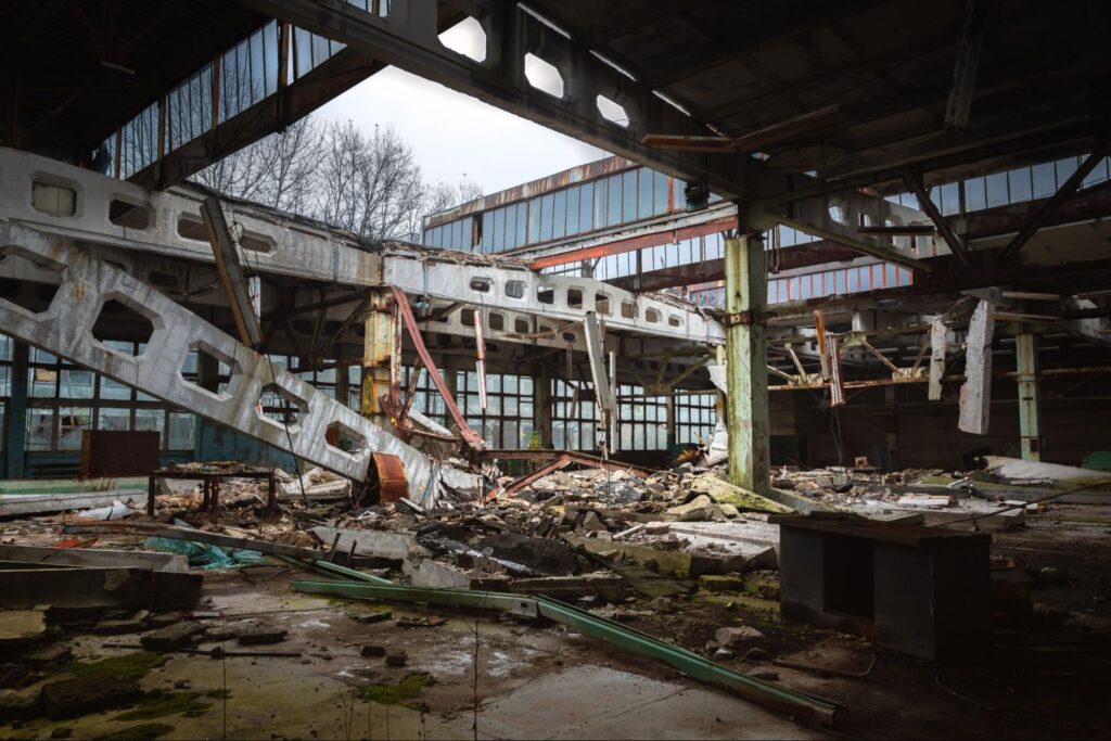 damaged roof of industrial building
