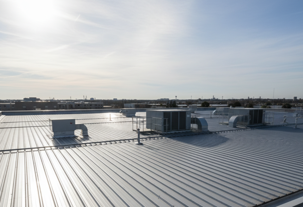 metal commercial roofing reflecting sunlight, showcasing durability and energy efficiency.