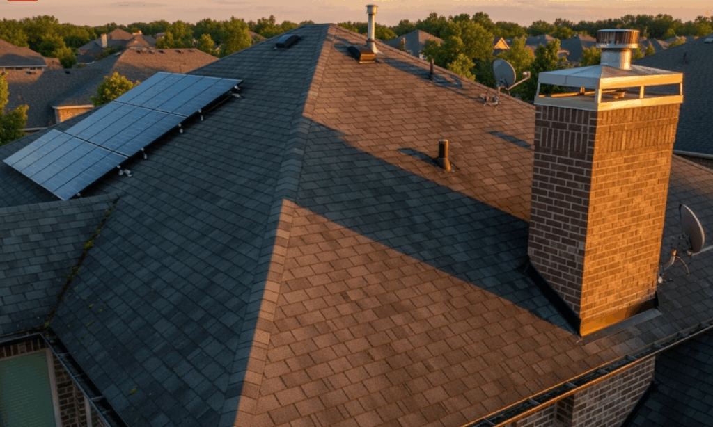 An aerial view of a residential roof with solar panels, showcasing the quality craftsmanship of ALPINE ROOFING AND SOLAR.