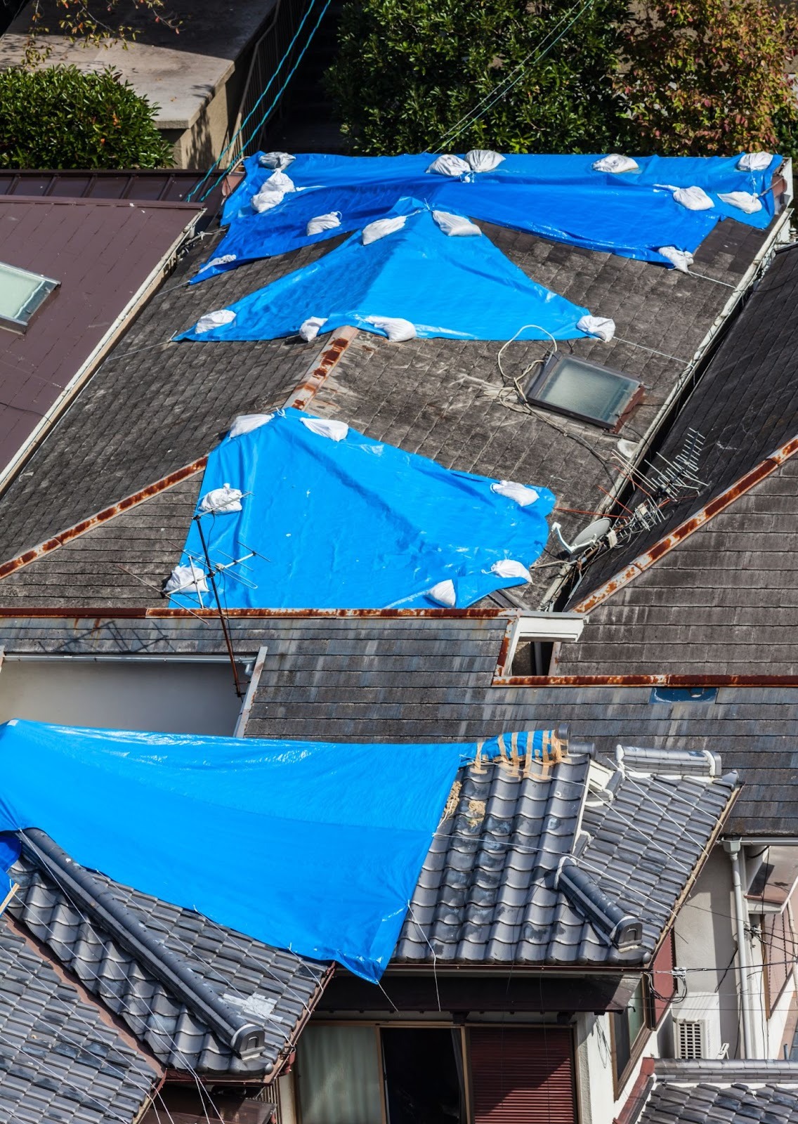 Alt text: damaged roofs covered with blue tarp, signaling the need for roof leak repair near me