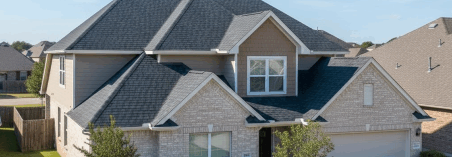Alt text: suburban DFW home with a freshly installed asphalt shingle roof, representing the question of roof replacement cost in DFW Texas